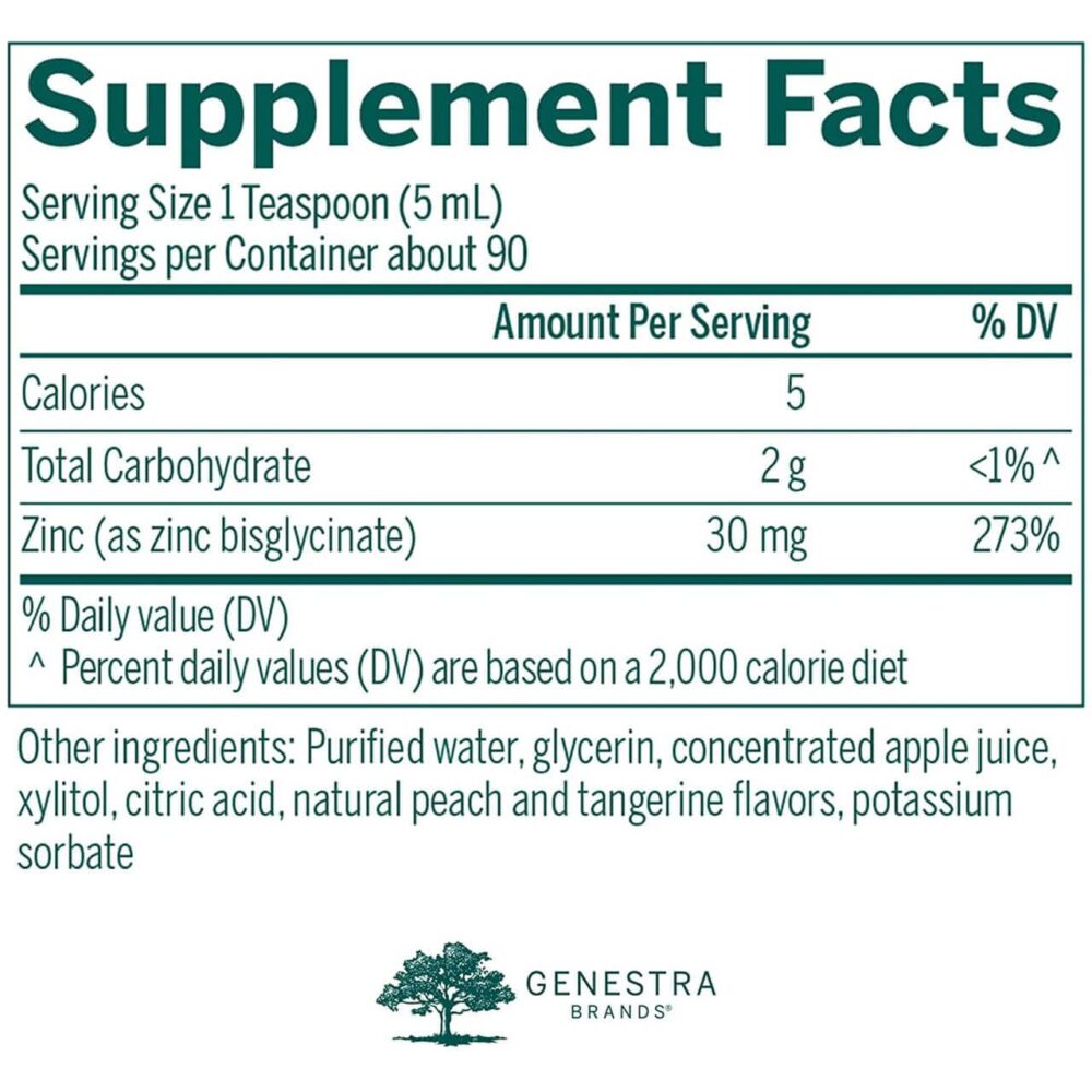 Genestra Zinc Glycinate Liquid Peach-Tangerine Flavor supplement fact